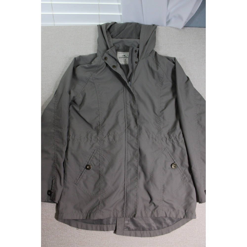 O'Neill Womens Grey Hooded Windbreaker Medium Full Zip Mesh Lined MC0086